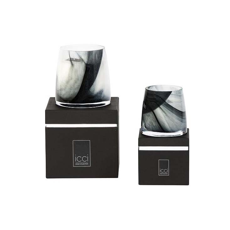 Scented candle conical glass vase with black and white waves - large Ø15 x 15cm_