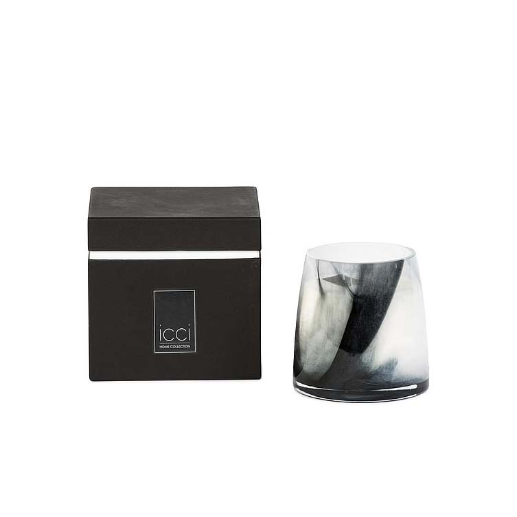 Scented candle conical glass vase with black and white waves - medium Ø 12 x 12cm